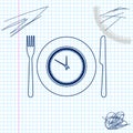 Plate with clock, fork and knife line sketch icon isolated on white background. Lunch time. Eating, nutrition regime Royalty Free Stock Photo