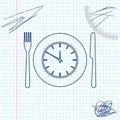 Plate with clock, fork and knife line sketch icon isolated on white background. Lunch time. Eating, nutrition regime Royalty Free Stock Photo