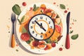 A plate with a clock surrounded with vegetables. Intermittent fasting diet concept. Clock timer for skipping meal. Healthy Royalty Free Stock Photo