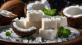 Coconut Candy Stacked On a Plate with Ice Crystals and Mint Garnishes close up Royalty Free Stock Photo