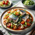 Steamed cod with leek vegetables and cherry tomatoes