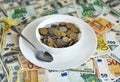 Plate with coins. euro and dollar bills on the table