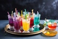 plate of colorful cocktails with straws and umbrellas for summer party Royalty Free Stock Photo