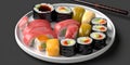 A plate of colorful sushi rolls with chopsticks and soy s three generative AI