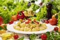 Plate of italian pasta, pipe rigate on fork with tomatoes and basil