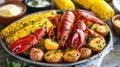 Plate of cooked lobster with corn and potatoes served on a white surface Royalty Free Stock Photo