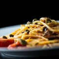 Plate of cooked savory Italian spaghetti