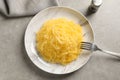 Plate of cooked spaghetti squash on gray background Royalty Free Stock Photo