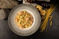 A plate of cooked tagliatelle with salmon and fish sauce from flying fish roe and onion. Royalty Free Stock Photo