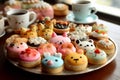 A plate of cookies with a cup of coffee and a plate of cookies with the word hello kitty on it. AI generation