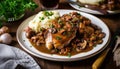 plate of Coq au Vin with fork-tender chicken, bacon, and pearl onions in a thick and flavorful sauce