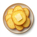 A plate of cornbread slices with butter, isolated on a white Royalty Free Stock Photo