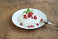 Plate with cottage cheese and wild strawberries on an old table