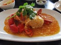 A plate of crabmeat with chilli sauce