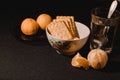 A plate of breakfast on a dark background