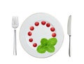 Plate with cranberry and mint herb, knife and fork isolated on w Royalty Free Stock Photo