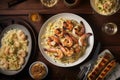 A plate of creamy fettuccine Alfredo with grilled shrimp and Parmesan cheese Royalty Free Stock Photo