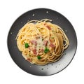 Plate of Creamy Spaghetti Carbonara Isolated on Transparent Background Royalty Free Stock Photo
