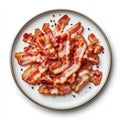 A plate of crispy bacon, isolated on a white background, emphasizing a Royalty Free Stock Photo