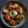 Plate of chicken wings with dipping sauce on table Royalty Free Stock Photo