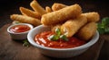 Delicious Crispy Fried Mozzarella Sticks Served with Tomato Sauce and Basil garnish Royalty Free Stock Photo