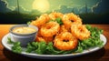 Plate of crispy golden onion rings flat illustration Royalty Free Stock Photo