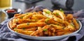 Plate of crispy seasoned french fries with parsley garnish