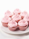 Cupcakes with pink whipped cream frosting.