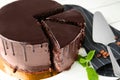 Plate with cut delicious chocolate cake on light background, closeup Royalty Free Stock Photo