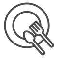 Plate and cutlery line icon. Dinner place with spoon and fork outline style pictogram on white background. Empty