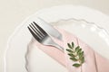 Plate, cutlery and napkin on light background Royalty Free Stock Photo