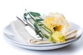 Plate, cutlery and yellow flower Royalty Free Stock Photo