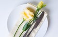 Plate, cutlery and yellow flower Royalty Free Stock Photo