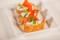 Plate of decorative salmon fish on bruschetta appetizer Royalty Free Stock Photo