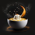 Plate with delicious appetizing pumpkin porridge with cream on black background,