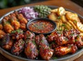 Plate of delicious barbecue chicken wings with potato wedges red onion and spicy sauce Royalty Free Stock Photo