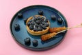 Plate with delicious cake, blueberries and sticks of sugar crystals on pink background. Food photography