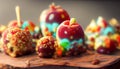 Plate with delicious candy apples on wooden table.Generative AI.