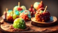 Plate with delicious candy apples on wooden table.Generative AI.