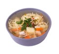 Plate of delicious chicken soup with noodles and parsley, isolated on white background, angle view Royalty Free Stock Photo