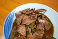 A plate of delicious Chinese home-cooked dishes, fried pork liver with sauce