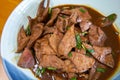 A plate of delicious Chinese home-cooked dishes, fried pork liver with sauce