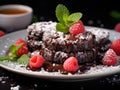 Plate of delicious chocolate desserts topped with raspberries and powdered sugar, AI-generated.