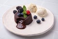 Plate with delicious chocolate fondant, berries, ice cream and mint on white tiled table Royalty Free Stock Photo