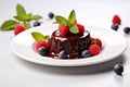 Plate with delicious chocolate fondant berries sweet pie. Generate Ai