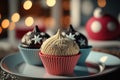 Plate with delicious Christmas cupcakes on blurred background, closeup