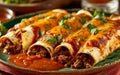 A plate of delicious enchiladas with taco sauce, colorful mexican food photo Royalty Free Stock Photo