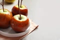 Plate with delicious green caramel apples Royalty Free Stock Photo