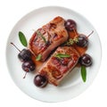 Plate with delicious grilled duck fillet and cherry isolated on transparent background.