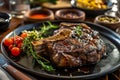 Grilled ribeye steak steak with asparagus and mashed potatoes on plate. Generative AI Royalty Free Stock Photo